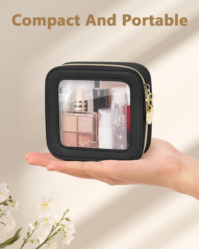 Soimeat Clear Makeup Bag  Portable Travel Cosmetic Bags  Multipurpose Leather Toiletry Bag with Zipper  Waterproof Transparent Cosmetic Organizer for Women  Mini  Black - Image 2